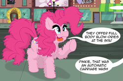 Size: 2243x1476 | Tagged: safe, artist:doodledonut, character:pinkie pie, species:earth pony, species:pony, g4, chest fluff, comic, dialogue, female, fluffy, funny, manehattan, mare, offscreen character, open mouth, poofy mane, raised hoof, solo, speech bubble, text