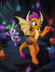 Size: 2400x3131 | Tagged: safe, artist:sirzi, character:smolder, character:spike, species:dragon, g4, basket, cave, commission, dragoness, duo, female, gem, gem cave, high res, male, open mouth, open smile, smiling, spread wings, winged spike, wings