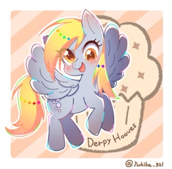 Size: 843x829 | Tagged: safe, artist:yukiha_321, character:derpy hooves, species:pegasus, species:pony, g4, abstract background, blushing, cute, derpabetes, female, flying, food, looking at you, mare, muffin, open mouth, open smile, signature, smiling, solo, spread wings, text, wings