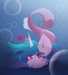 Size: 1800x2000 | Tagged: safe, artist:miryelis, character:izzy moonbow, species:seapony (g4), species:unicorn, g5, my little pony: a new generation, blue mane, blue tail, bubble, crepuscular rays, eye clipping through hair, female, fish tail, floating heart, flowing mane, gradient hair, heart, horn, looking at you, multicolored hair, no pupils, ocean, pink eyes, seaponified, solo, species swap, sunlight, tail, underwater, water