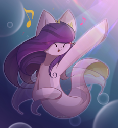 Size: 1850x2000 | Tagged: safe, artist:miryelis, character:pipp petals, species:pegasus, species:seapony (g4), g5, my little pony: a new generation, bubble, clothing, crepuscular rays, crown, eye clipping through hair, eyes closed, female, fin wings, fins, fish tail, flowing mane, flowing tail, jewelry, music notes, ocean, open mouth, pipp wings, purple mane, regalia, seaponified, see-through, singing, smiling, solo, species swap, sunlight, swimming, tail, teeth, underwater, water, wings