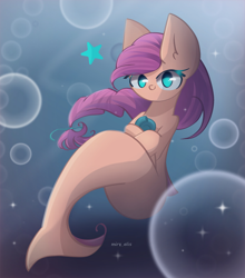 Size: 1850x2100 | Tagged: safe, artist:miryelis, character:sunny starscout, species:earth pony, species:seapony (g4), g5, my little pony: a new generation, blue eyes, bubble, crepuscular rays, dorsal fin, eye clipping through hair, eyelashes, female, fish tail, flowing mane, flowing tail, no pupils, ocean, purple mane, seaponified, signature, solo, sparkles, species swap, sunlight, swimming, tail, underwater, water