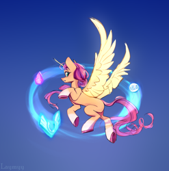 Size: 3952x4008 | Tagged: safe, artist:laymy, character:sunny starscout, species:alicorn, species:pony, g5, my little pony: a new generation, alicornified, artificial horn, artificial wings, augmented, coat markings, colored hooves, earth pony crystal, female, flying, hooves, magic, magic horn, magic wings, mare, pegasus crystal, profile, race swap, socks (coat marking), solo, spread wings, sunnycorn, unicorn crystal, wings