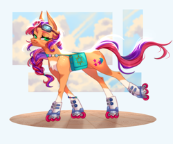 Size: 3224x2688 | Tagged: safe, artist:ohhoneybee, character:sunny starscout, species:earth pony, species:pony, g4, g5, my little pony: the movie (2017), bag, bracelet, chest fluff, cloud, coat markings, ear fluff, female, goggles, high res, jewelry, lidded eyes, mare, neck fluff, raised leg, roller skates, satchel, socks (coat marking), solo, star freckles, sunny's buttons, three quarter view