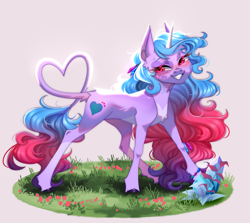 Size: 2808x2500 | Tagged: safe, artist:ohhoneybee, character:izzy moonbow, species:classical unicorn, species:pony, species:unicorn, g5, my little pony: a new generation, alternate design, blushing, bracelet, cloven hooves, colored eyebrows, colored hooves, ear fluff, facial markings, female, gradient hair, grass, grin, heart tail, high res, hooves, horn, jewelry, leaf, leonine tail, mare, multicolored hair, pale belly, plant, smiling, solo, tail, unshorn fetlocks