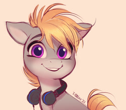 Size: 1936x1692 | Tagged: safe, artist:imalou, oc, oc only, oc:cookie malou, species:earth pony, species:pony, g4, colored eyebrows, cute, floppy ears, headphones, looking at you, ocbetes, signature, simple background, smiling, solo