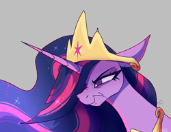 Size: 3000x2300 | Tagged: safe, artist:celes969, character:twilight sparkle, character:twilight sparkle (alicorn), species:alicorn, species:pony, episode:the last problem, g4, my little pony: friendship is magic, angry, bust, crown, ethereal mane, eyebrows, eyelashes, female, floppy ears, galaxy mane, gray background, horn, jewelry, mare, necklace, older, older twilight, peytral, portrait, princess twilight 2.0, regalia, scrunchy face, simple background, solo, that magic was not yours to give, twilight is not amused, unamused