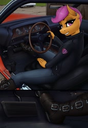 Size: 2480x3600 | Tagged: safe, artist:apocheck13, character:scootaloo, species:anthro, species:plantigrade anthro, species:pony, g4, boots, camera, car, clothing, commission, cutie mark, dodge challenger, ear piercing, earring, explicit source, eyeshadow, female, jacket, jeans, jewelry, leather jacket, lipstick, looking at you, makeup, mare, nail polish, older, older scootaloo, pants, piercing, plymouth barracuda, shoes, smiling, solo, the cmc's cutie marks