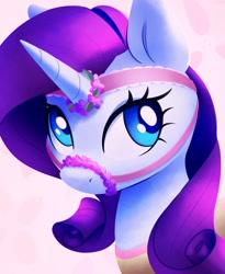 Size: 2000x2438 | Tagged: safe, artist:nookprint, character:rarity, species:pony, species:unicorn, g4, beautiful, bridle, bust, female, horn, looking sideways, mare, portrait, simple background, solo, tack