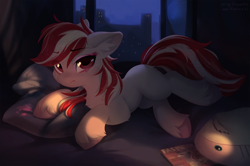 Size: 1500x997 | Tagged: safe, artist:freeedon, artist:hioshiru, character:sugar moonlight, species:earth pony, species:pony, g5, my little pony: a new generation, bed, bedroom, city, collaboration, ear fluff, eye clipping through hair, eyebrows, eyebrows visible through hair, female, indoors, leg fluff, looking at you, lying down, magazine, mare, on bed, pillow, plushie, shark plushie, solo, toy, unshorn fetlocks, window