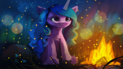 Size: 3840x2160 | Tagged: safe, artist:hierozaki, character:izzy moonbow, species:pony, species:unicorn, g5, my little pony: a new generation, campfire, colored hooves, cute, digital art, digital painting, female, fire, firefly, gradient hair, hooves, insect, izzybetes, mare, multicolored hair, night, scene interpretation, screencap reference, sitting, smiling, solo