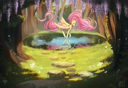 Size: 3963x2743 | Tagged: safe, artist:jaynsparkle, character:fluttershy, species:pegasus, species:pony, g4, female, grass, mare, pond, reflection, rock, solo, tree, wings