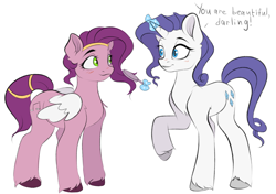 Size: 2962x2090 | Tagged: safe, artist:vetta, character:pipp petals, character:rarity, species:pegasus, species:pony, species:unicorn, g4, g5, my little pony: a new generation, adorapipp, blushing, brush, colored hooves, cute, generation leap, glowing horn, hooves, horn, magic, magic aura, pipp wings, raised hoof, raribetes, simple background, talking, telekinesis, unshorn fetlocks, white background, wings