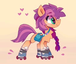 Size: 1500x1267 | Tagged: safe, artist:sugaryyflower, character:sunny starscout, species:earth pony, species:pony, g5, abstract background, bag, braid, chest fluff, colored eyebrows, eye clipping through hair, eyebrows, eyebrows visible through hair, female, heart, looking up, mare, plait, ponytail, profile, roller skates, rollerblades, satchel, simple background, smiling, solo, standing, sunny's buttons, yellow background
