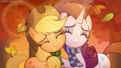 Size: 1280x720 | Tagged: safe, artist:lennonblack, character:applejack, character:rarity, species:earth pony, species:pony, species:unicorn, g4, autumn, beautiful, best friends, clothing, cowboy hat, cute, duo, eyes closed, female, freckles, friendship, hat, holiday, jackabetes, leaves, mare, nuzzling, raribetes, scarf, side hug, thanksgiving