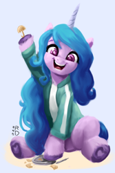 Size: 2000x3000 | Tagged: safe, artist:raphaeldavid, character:izzy moonbow, species:pony, species:unicorn, g5, my little pony: a new generation, colored eyebrows, colored pupils, crossover, cute, dalgona, female, food, gradient hair, hoof hold, izzybetes, looking at you, mare, multicolored hair, netflix, open mouth, open smile, signature, simple background, sitting, smiling, solo, squid game, the implications are horrible, this will not end well, underhoof, white background