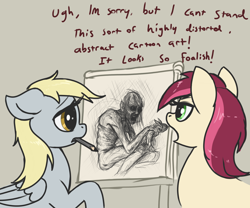 Size: 2868x2388 | Tagged: safe, artist:t72b, derpibooru original, character:derpy hooves, character:roseluck, species:earth pony, species:pegasus, species:pony, g4, dialogue, drawing, female, gollum, holding, horse puns, mare, mouth hold, open mouth, pencil, profile, pun, simple background, sketch, wendigo