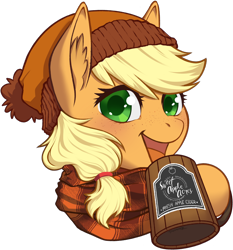 Size: 2168x2331 | Tagged: safe, artist:taytinabelle, character:applejack, species:earth pony, species:pony, g4, alternate hairstyle, autumn, bust, cider, cider mug, clothing, colored pupils, cute, drink, female, happy, hat, hoof hold, jackabetes, looking at you, mare, missing accessory, mug, open mouth, open smile, scarf, simple background, smiling, solo, transparent background
