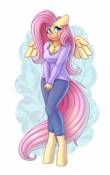 Size: 2208x3508 | Tagged: safe, artist:dandy, character:fluttershy, species:anthro, species:pegasus, species:unguligrade anthro, g4, blushing, bra, bra strap, breasts, busty fluttershy, cleavage, clothing, cute, female, floppy ears, green underwear, happy, jewelry, looking sideways, mare, necklace, pants, shirt, shy, shyabetes, simple background, smiling, solo, spread wings, tail, underwear, wings