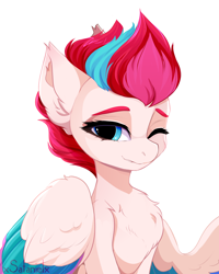 Size: 4000x5000 | Tagged: safe, artist:xsatanielx, character:zipp storm, species:pegasus, species:pony, g5, my little pony: a new generation, adorazipp, bust, chest fluff, colored eyebrows, colored wings, cute, ear fluff, female, fluffy, looking at you, mare, multicolored wings, signature, solo, wing fluff, wings