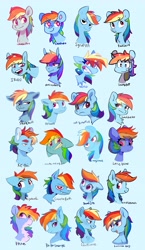 Size: 2382x4096 | Tagged: safe, artist:chub-wub, character:rainbow dash, species:pegasus, species:pony, g4, alternate design, alternate hairstyle, blue background, bust, chest fluff, ear fluff, eye clipping through hair, eyebrows, eyebrows visible through hair, female, floppy ears, fluffy, grin, male, mare, markings, open mouth, profile, rainbow blitz, redesign, rule 63, simple background, smiling, solo, stallion, style emulation, text, three quarter view