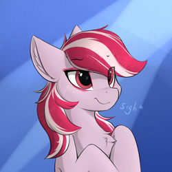 Size: 1024x1024 | Tagged: safe, artist:d.w.h.cn, character:sugar moonlight, species:earth pony, species:pony, g5, my little pony: a new generation, abstract background, chest fluff, cute, ear fluff, eye clipping through hair, eyebrows, eyebrows visible through hair, female, hooves, hooves to the chest, mare, sigh, simple background, solo, sugardorable, three quarter view