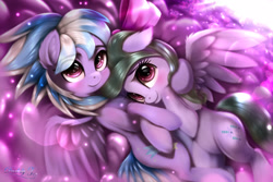 Size: 3150x2100 | Tagged: safe, artist:darksly, character:cloudchaser, character:flitter, species:pegasus, species:pony, g4, big eyes, cloud, cute, eye clipping through hair, eyebrows, eyebrows visible through hair, female, hug, looking at you, mare, siblings, sisters, smiling, spread wings, wings