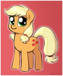 Size: 2282x2738 | Tagged: safe, artist:heretichesh, character:applejack, species:earth pony, species:pony, g4, cute, female, filly, filly applejack, freckles, gradient background, high res, jackabetes, looking at you, signature, simple background, smiling, solo, three quarter view, young, younger