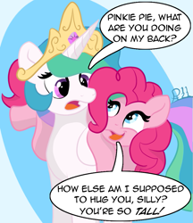 Size: 823x953 | Tagged: safe, artist:doodledonut, character:pinkie pie, character:princess celestia, species:alicorn, species:earth pony, species:pony, g4, abstract background, comic, crown, dialogue, female, hug, jewelry, looking at each other, mare, open mouth, regalia, signature, speech bubble, text