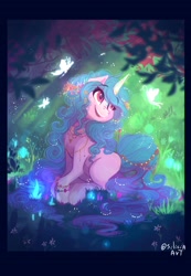Size: 2096x3032 | Tagged: safe, artist:siliciaart, character:izzy moonbow, species:pony, species:unicorn, g5, bracelet, butterfly, chest fluff, colored hooves, digital art, eyebrows, eyebrows visible through hair, female, fluffy, forest, gradient hair, hooves, jewelry, leg fluff, magic, mare, multicolored hair, necklace, open mouth, scenery, signature, sitting, smiling, solo, unshorn fetlocks