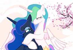 Size: 1024x699 | Tagged: safe, artist:sallycars, character:princess celestia, character:princess luna, species:alicorn, species:pony, g4, abstract background, blushing, digital art, eye clipping through hair, eyes closed, female, hug, mare, ms paint, smiling, tree, wings