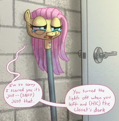Size: 1148x1170 | Tagged: safe, artist:doodleconner, character:fluttershy, g4, crying, dialogue, door, female, fluttermop, living object, meme, mop, objectification, open mouth, sad, solo, speech bubble, teary eyes, text