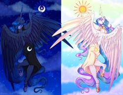 Size: 2250x1750 | Tagged: safe, artist:damon_ekel, character:princess celestia, character:princess luna, species:alicorn, species:anthro, species:unguligrade anthro, g4, clothing, dress, eyes closed, female, hoof shoes, mare, moon, profile, shoes, siblings, sisters, spread wings, sun, wings