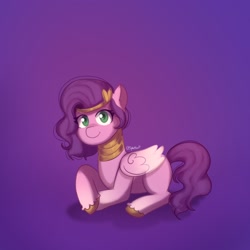 Size: 1920x1920 | Tagged: safe, artist:splatturp, part of a set, character:pipp petals, species:pegasus, species:pony, species:sphinx, g5, my little pony: a new generation, circlet, clothing, coat markings, colored hooves, colored pupils, costume, female, halloween, halloween costume, holiday, hooves, looking at you, lying down, mare, pipp wings, prone, purple background, signature, simple background, socks (coat marking), solo, unshorn fetlocks, wings