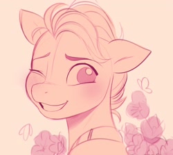 Size: 2572x2293 | Tagged: safe, artist:imalou, character:hitch trailblazer, species:earth pony, species:pony, g5, blaze (coat marking), blushing, bust, butterfly, cute, floppy ears, flower, grin, hitchbetes, looking at you, male, monochrome, no pupils, one eye closed, simple background, sketch, smiling, solo, stallion, wink