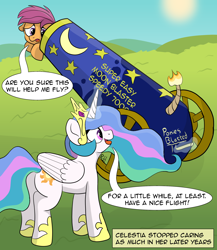 Size: 1854x2139 | Tagged: safe, artist:doodledonut, character:princess celestia, character:scootaloo, species:alicorn, species:pegasus, species:pony, g4, cannon, chalk, cute, dialogue, female, filly, flying lesson, fuse, glowing horn, horn, impending doom, magic, magic aura, mare, pony cannonball, scootaloo can't fly, silly, sky, speech bubble, sun, tally marks, telekinesis, text, to the moon, trollestia, weapon, young