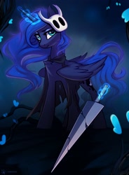 Size: 1616x2200 | Tagged: safe, artist:taneysha, character:princess luna, species:alicorn, species:pony, g4, chest fluff, cloak, clothing, crossover, female, glowing horn, hollow knight, horn, looking at you, magic, magic aura, mare, solo, sword, telekinesis, three quarter view, torn clothes, weapon