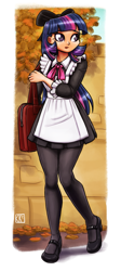 Size: 1237x2750 | Tagged: safe, artist:king-kakapo, character:twilight sparkle, species:human, g4, apron, backpack, bow, clothing, dress, female, hair bow, humanized, pantyhose, school uniform, shoes, solo, soviet school uniform, soviet union, species swap, uniform, young pioneer