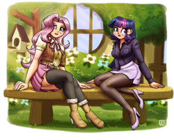 Size: 2650x2143 | Tagged: safe, artist:king-kakapo, character:fluttershy, character:twilight sparkle, species:human, g4, belt, bench, boots, breasts, busty twilight sparkle, clothing, duo, duo female, eye clipping through hair, female, females only, fluttershy's cottage, high heel boots, high heels, humanized, pantyhose, questionable source, shirt, shoes, sitting, skirt, socks, species swap, stockings, thigh highs, vest, zettai ryouiki