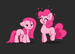 Size: 6800x4900 | Tagged: safe, artist:kittyrosie, character:pinkamena diane pie, character:pinkie pie, species:earth pony, species:pony, g4, ..., beady eyes, black background, cross-popping veins, cute, diapinkes, duality, eyes closed, female, floating heart, floppy ears, grumpy, heart, mare, open mouth, open smile, pinkie pie is not amused, ponidox, self paradox, self ponidox, simple background, smiling, straight hair, unamused, vein