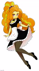 Size: 2292x4096 | Tagged: safe, artist:nendo, character:adagio dazzle, species:eqg human, g4, my little pony:equestria girls, adoragio, apron, blushing, bow tie, breasts, cleavage, clothing, commission, cute, dress, female, flats, french maid, headband, large voluminous hair, looking at you, maid, maid headdress, shoes, simple background, skirt, skirt lift, smiling, socks, solo, spiked headband, stockings, thigh highs, white background