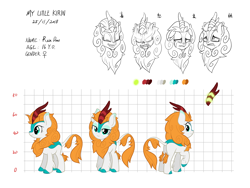 Size: 4000x3000 | Tagged: safe, artist:emerald-light, oc, oc only, oc:rain dew, species:kirin, colored hooves, female, hooves, kirin oc, looking at you, non-pony oc, profile, raised hoof, reference sheet, solo, text, three quarter view