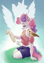 Size: 2858x4096 | Tagged: safe, artist:mishi_ovo, character:sweetie belle, species:anthro, species:unicorn, g4, abstract background, bird, clothing, colored pupils, eyebrows, female, implied twilight sparkle, kneeling, lidded eyes, mare, older, older sweetie belle, profile, scroll, shirt, shorts, silhouette, simple background, solo