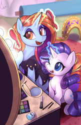 Size: 4000x6182 | Tagged: safe, artist:valcron, character:rarity, character:sassy saddles, species:pony, species:unicorn, g4, applying makeup, clothing, colored pupils, cute, cutie mark, dress, duo, duo female, eyeshadow, female, females only, glowing horn, hairbrush, magic, makeup, makeup kit, mare, mirror, one eye closed, open mouth, raribetes, sassybetes, smiling, telekinesis