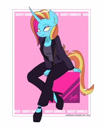 Size: 3334x4096 | Tagged: safe, artist:vreshkashowers, character:sassy saddles, species:anthro, species:unicorn, g4, clothing, ear piercing, earring, eyeshadow, female, high heels, jacket, jewelry, lidded eyes, long horn, looking at you, makeup, mare, pants, piercing, pink background, pretty, shirt, shoes, simple background, smiling, solo, tail