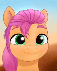 Size: 1080x1350 | Tagged: safe, artist:pipp_petal, character:sunny starscout, species:earth pony, species:pony, g5, my little pony: a new generation, bust, colored eyebrows, female, looking at you, mare, portrait, sky, smiling, solo