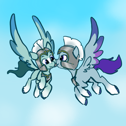 Size: 2048x2048 | Tagged: safe, artist:pfeffaroo, character:thunder flap, character:zoom zephyrwing, species:pegasus, species:pony, g5, my little pony: a new generation, armor, blaze (coat marking), coat markings, colored hooves, colored wings, cute, duo, female, flying, guard, guardsmare, helmet, high res, hooves, jewelry, looking at each other, male, mare, multicolored wings, necklace, peytral, profile, royal guard, sky, socks (coat marking), spread wings, stallion, two toned wings, unshorn fetlocks, wings