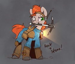 Size: 877x746 | Tagged: safe, artist:rexyseven, oc, oc only, species:earth pony, species:pony, boots, clothing, colored pupils, crossover, deep rock galactic, earpiece, female, gray background, holding, hoof shoes, jumpsuit, mare, mouth hold, pickaxe, saddle bag, shoes, simple background, solo, text
