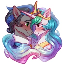 Size: 600x600 | Tagged: safe, artist:fenwaru, idw, character:good king sombra, character:king sombra, character:princess celestia, species:pony, species:umbrum, species:unicorn, ship:celestibra, g4, blushing, bust, colored eyebrows, crown, ear fluff, eyebrows, female, horn, horns are touching, jewelry, looking at each other, looking at someone, male, mare, necklace, peytral, profile, regalia, shipping, simple background, smiling, stallion, straight, white background