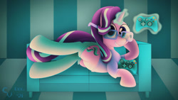 Size: 1280x721 | Tagged: safe, artist:cosmikvek, character:starlight glimmer, species:pony, species:unicorn, g4, belly button, clothing, controller, couch, female, gaming, glasses, glowing, glowing horn, horn, looking at you, lying down, magic, magic aura, mare, nerdy, prone, smiling, smiling at you, socks, solo, stockings, telekinesis, thigh highs